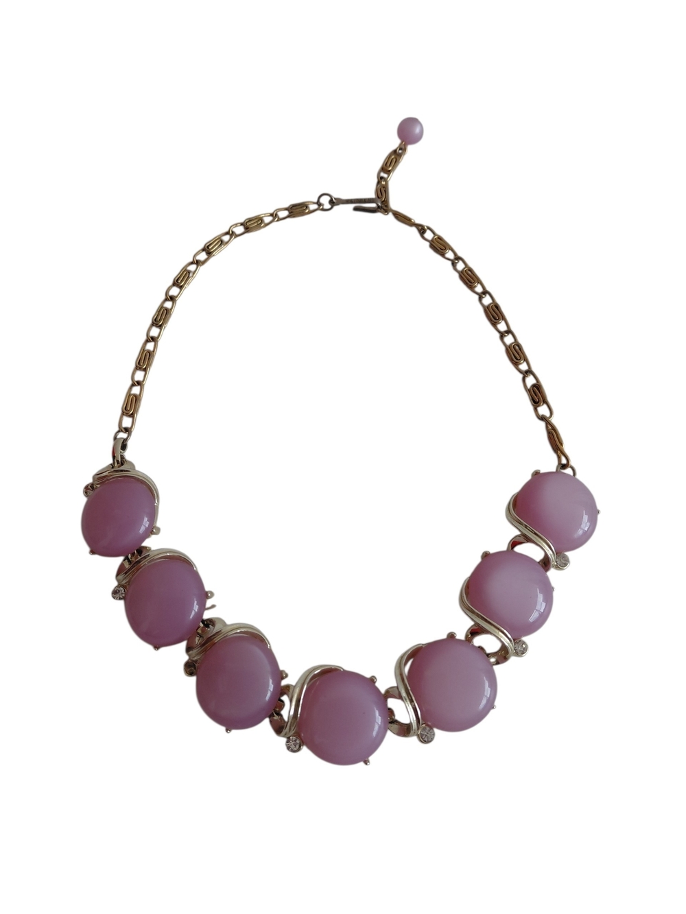 Lisner Vtg Goldtone Pink Moonglow Celluloid Cabochon  Necklace